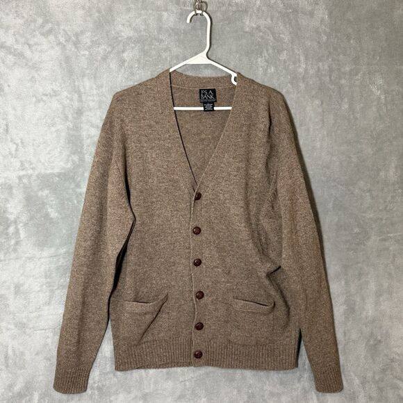Jos A Bank Executive Sweater L Mens Beige Lambswool Cardigan Grandpa Grunge - Picture 1 of 8